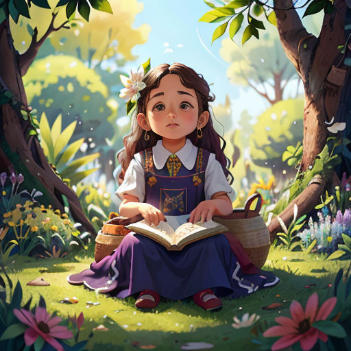 a little girl sitting in the grass reading a book with a basket on her lap and a tree in the background