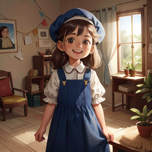 a cartoon girl in a blue dress and hat standing in a room with a potted plant and a window