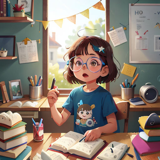 a girl with glasses is sitting at a desk with books and a pen in her hand and looking at the camera