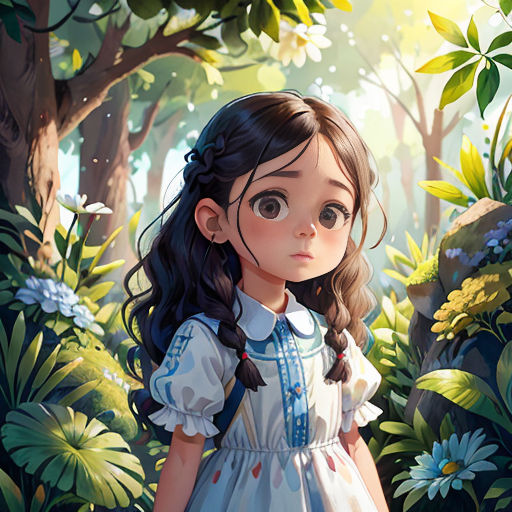 a girl in a dress standing in a forest with flowers and trees in the background, looking at the camera