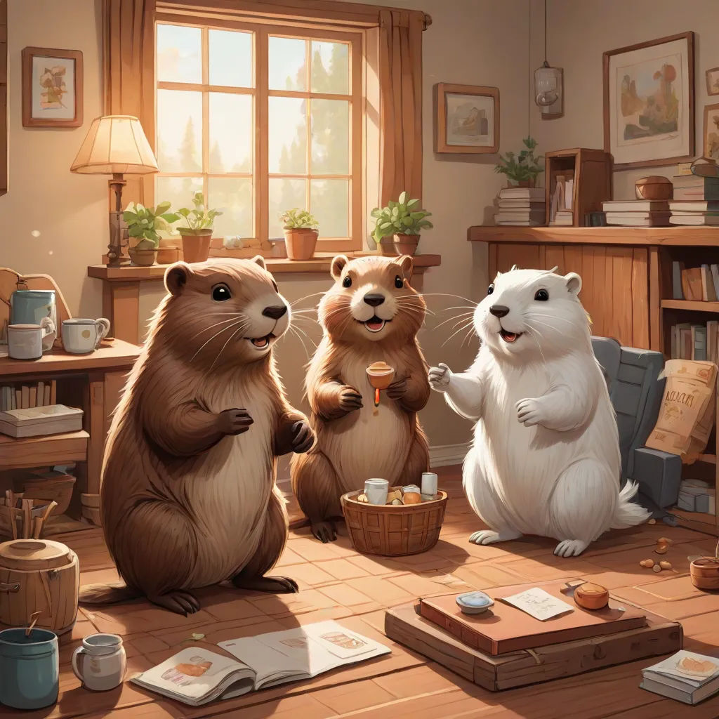 three animals are standing on their hind legs in a room with a table and a bookcase and a window, official art, furry art, a storybook illustration, Chris LaBrooy