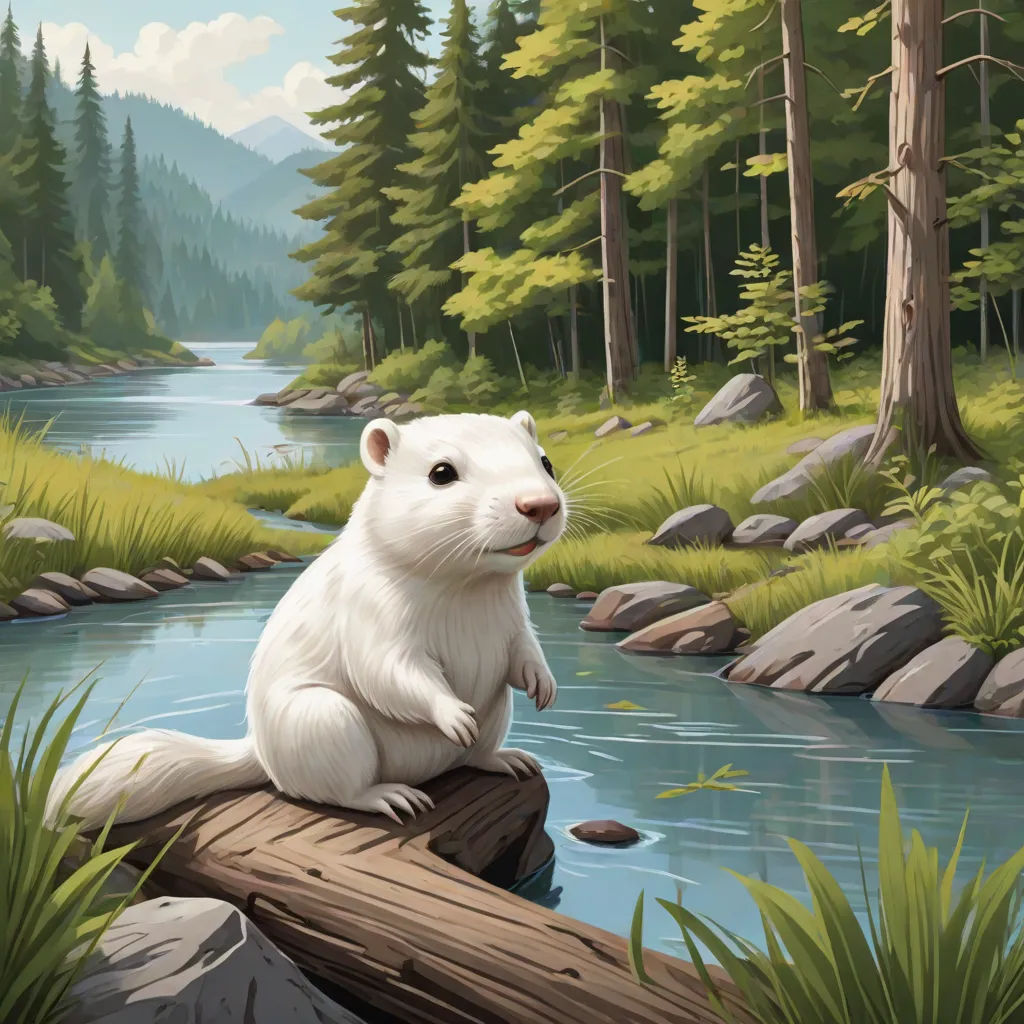a white animal sitting on a log in a forest next to a river and trees with rocks and grass, official art, american scene painting, a storybook illustration, Chris LaBrooy