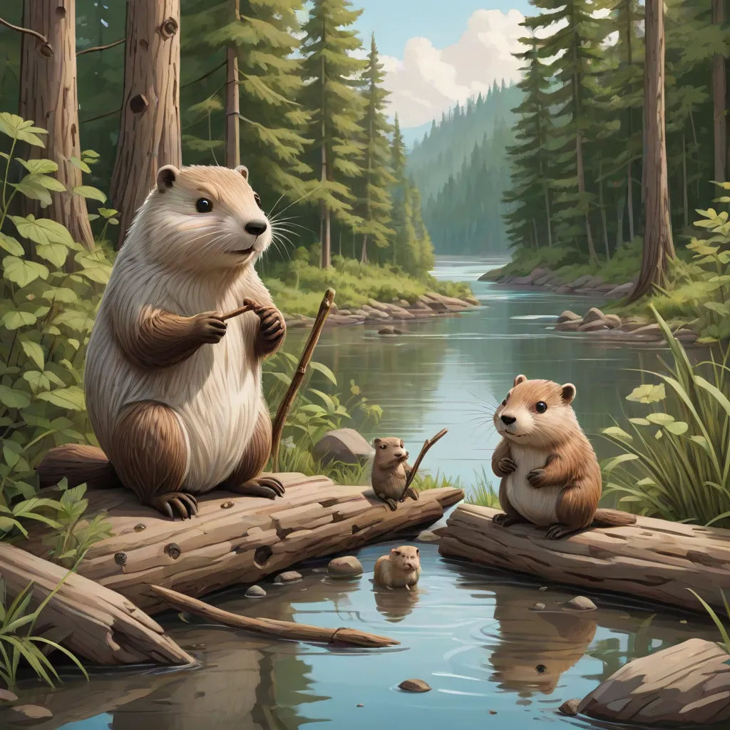 a painting of a beaver and its cub on a log in a forest by a river with a stream, official art, american scene painting, a storybook illustration, Chris LaBrooy