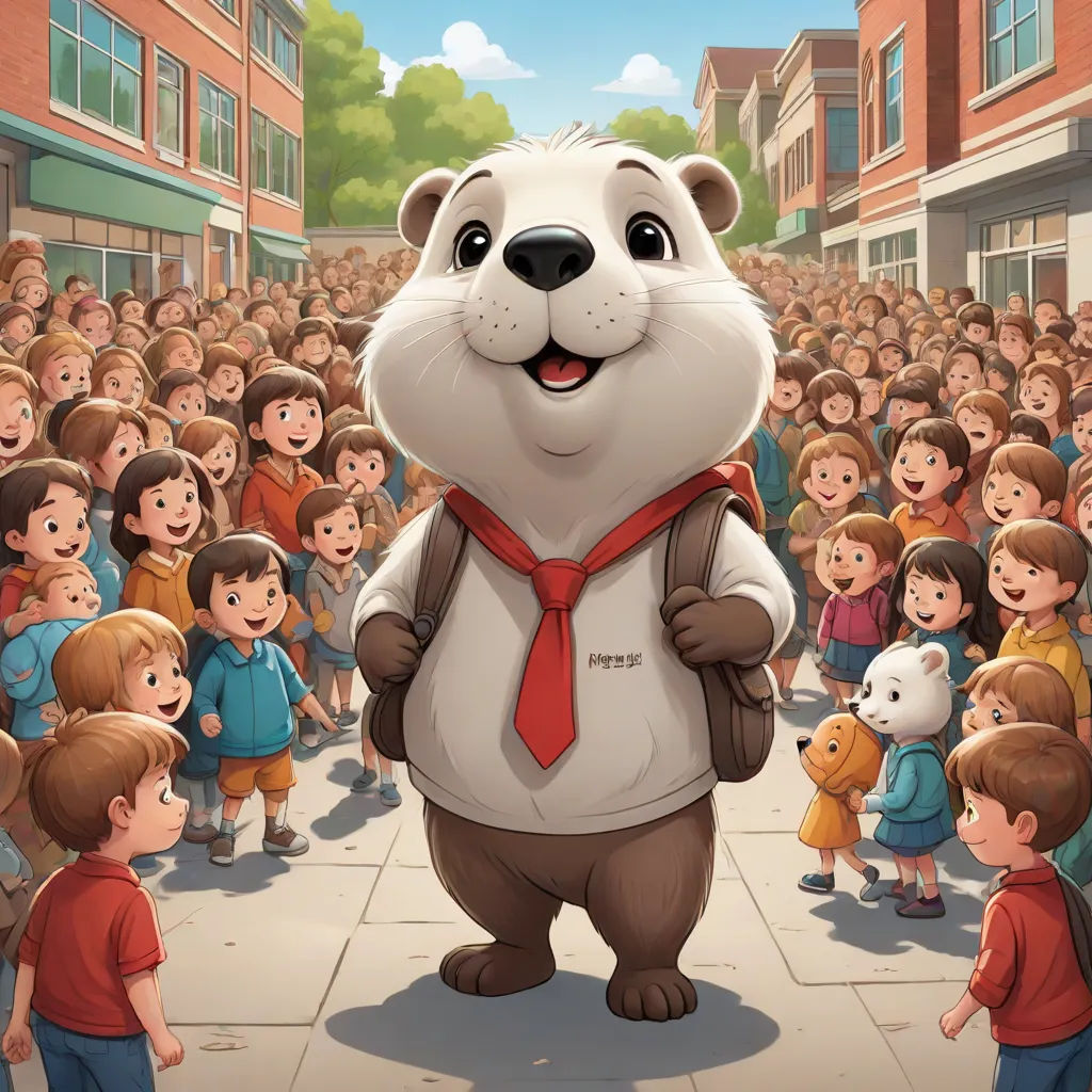 a cartoon character standing in front of a crowd of children in a town square with a giant panda bear, promotional image, furry art, a storybook illustration, Diego Gisbert Llorens