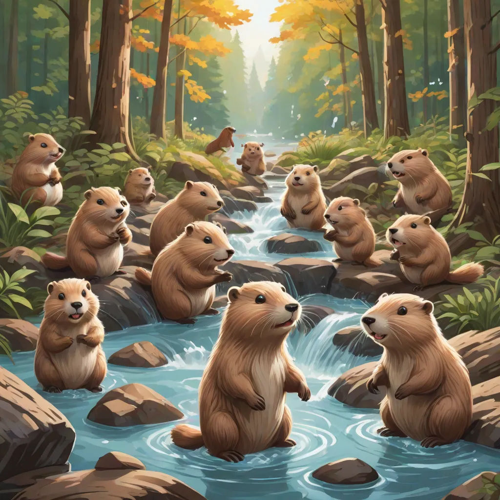 a painting of a group of beavers sitting on rocks in a river surrounded by trees and rocks, with a forest in the background, official art, sots art, a storybook illustration, Dan Mumford