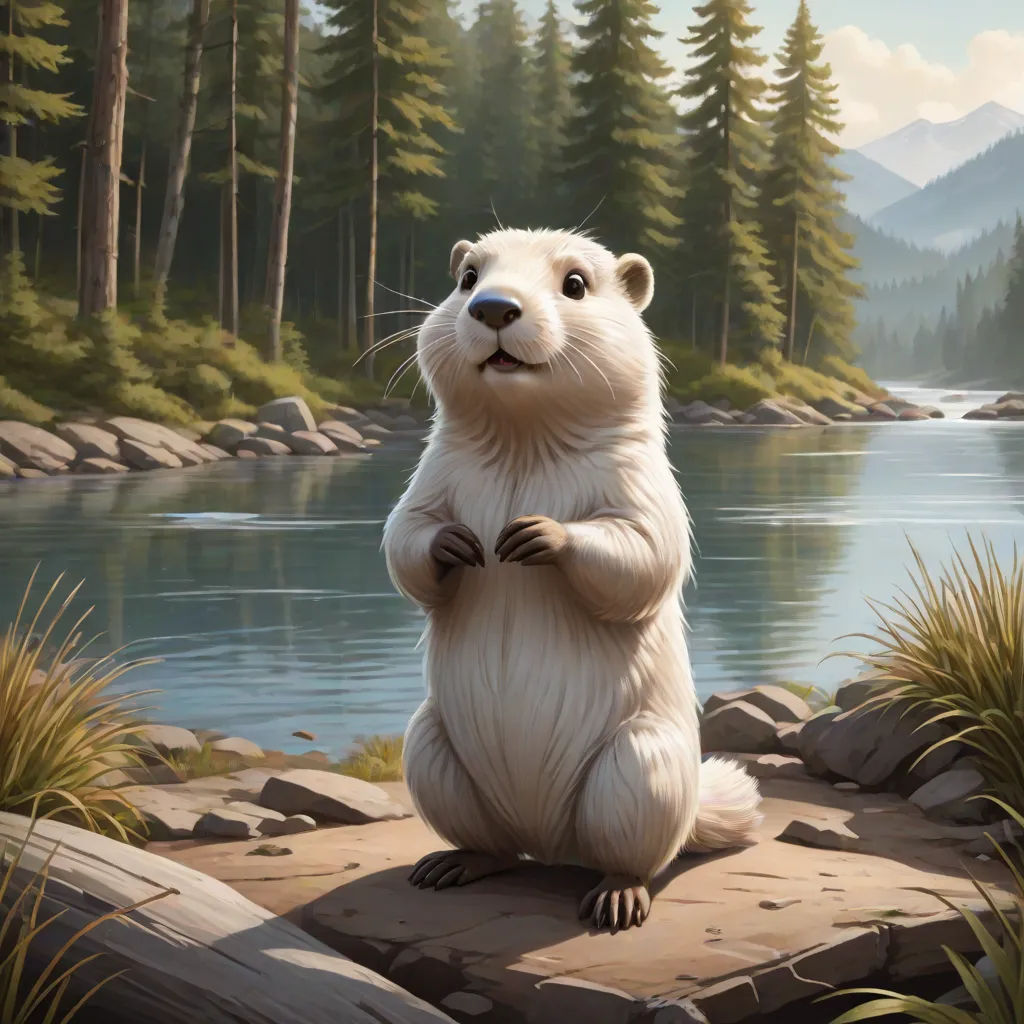 a painting of a white bear sitting on a rock by a lake with pine trees in the background and a mountain range in the distance, official art, american scene painting, a painting, Chris LaBrooy