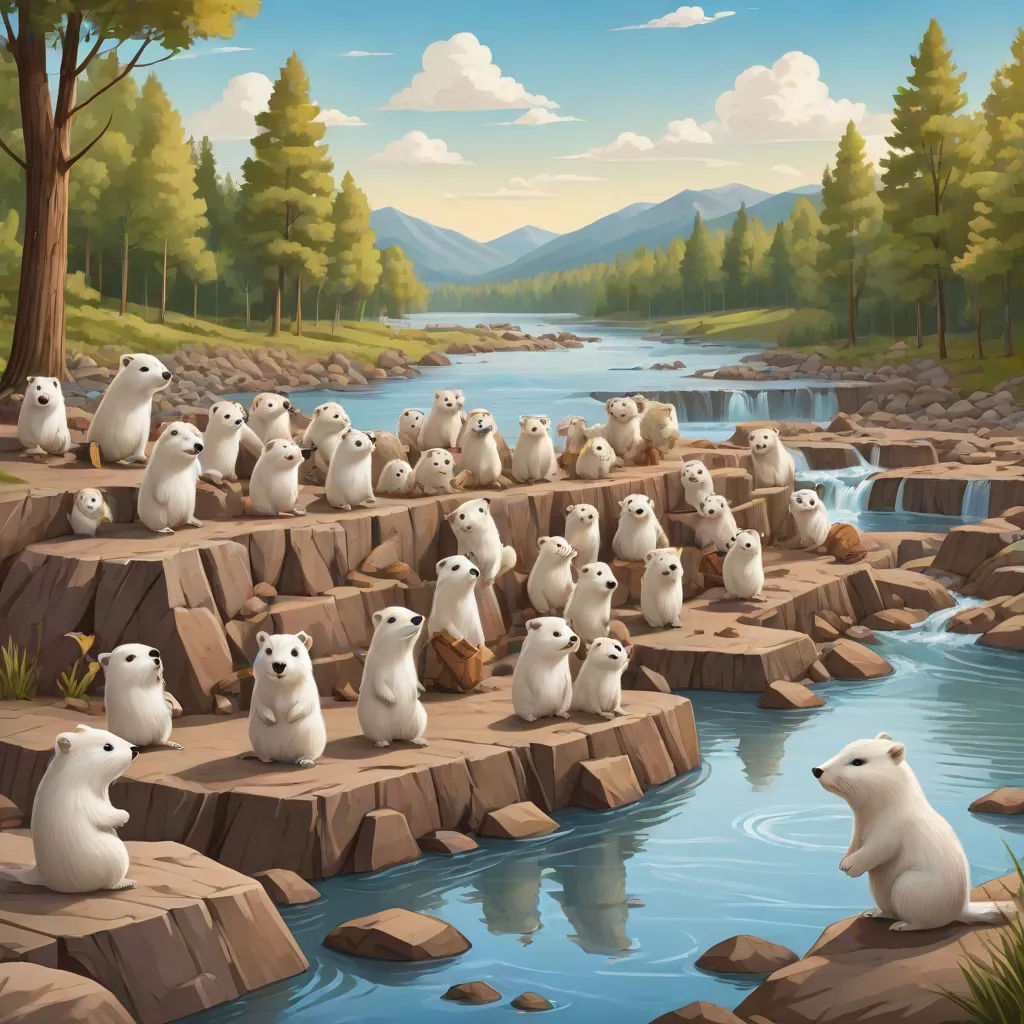 a painting of a group of polar bears sitting on rocks near a river and a forest with mountains in the background, official art, environmental art, an airbrush painting, Chris LaBrooy
