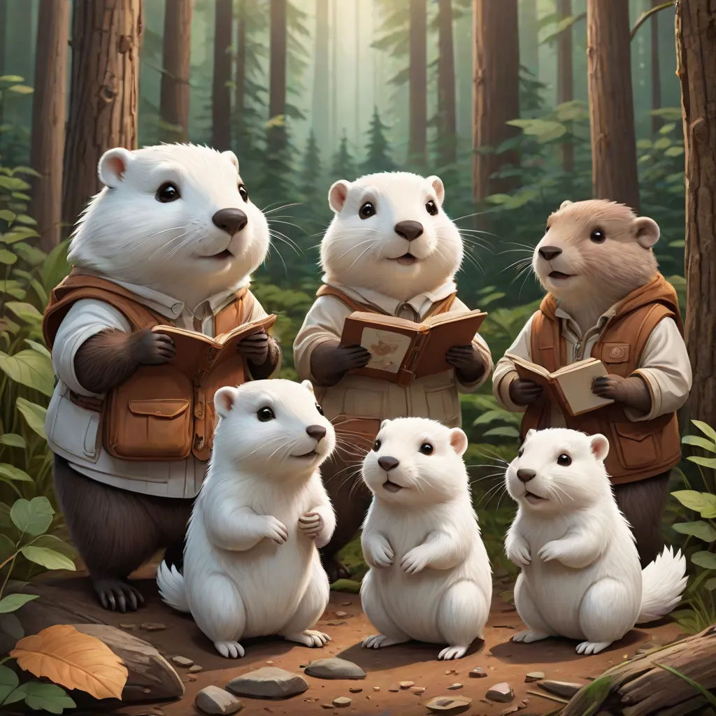 a group of otters standing in a forest with a book in their hands and a forest background with trees and rocks, official art, furry art, a storybook illustration, Chris LaBrooy