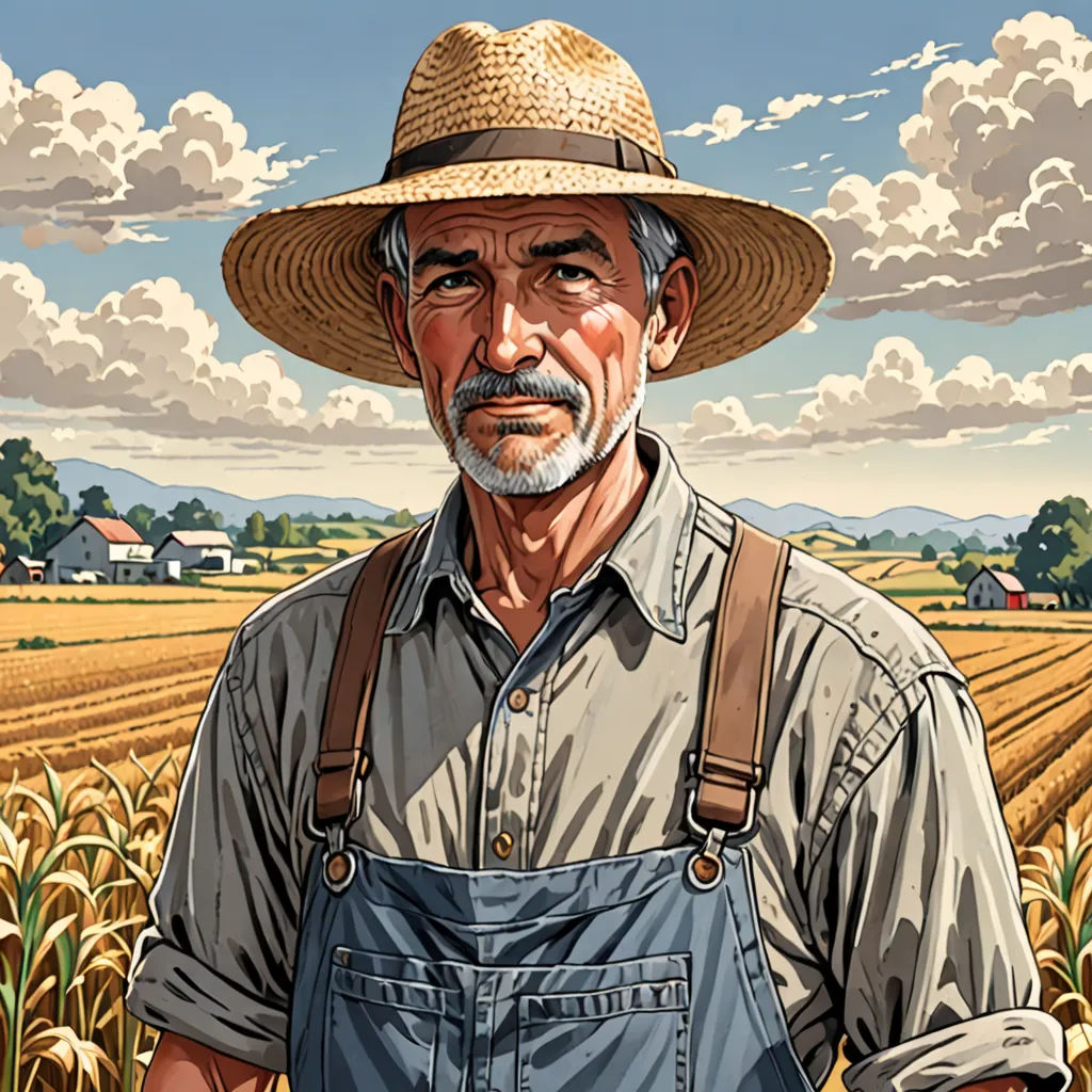a man in a hat standing in a field of crops with a cane in his hand and a farm in the background, american realism, a character portrait, Balcomb Greene, character portrait