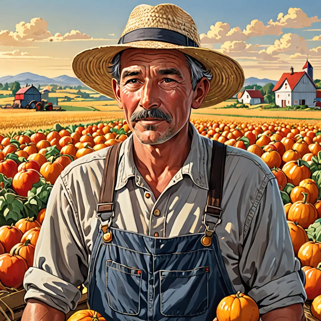 a man in a hat standing in a pumpkin field with a farm in the background and a sky with clouds, american realism, computer graphics, Aaron Jasinski, orange