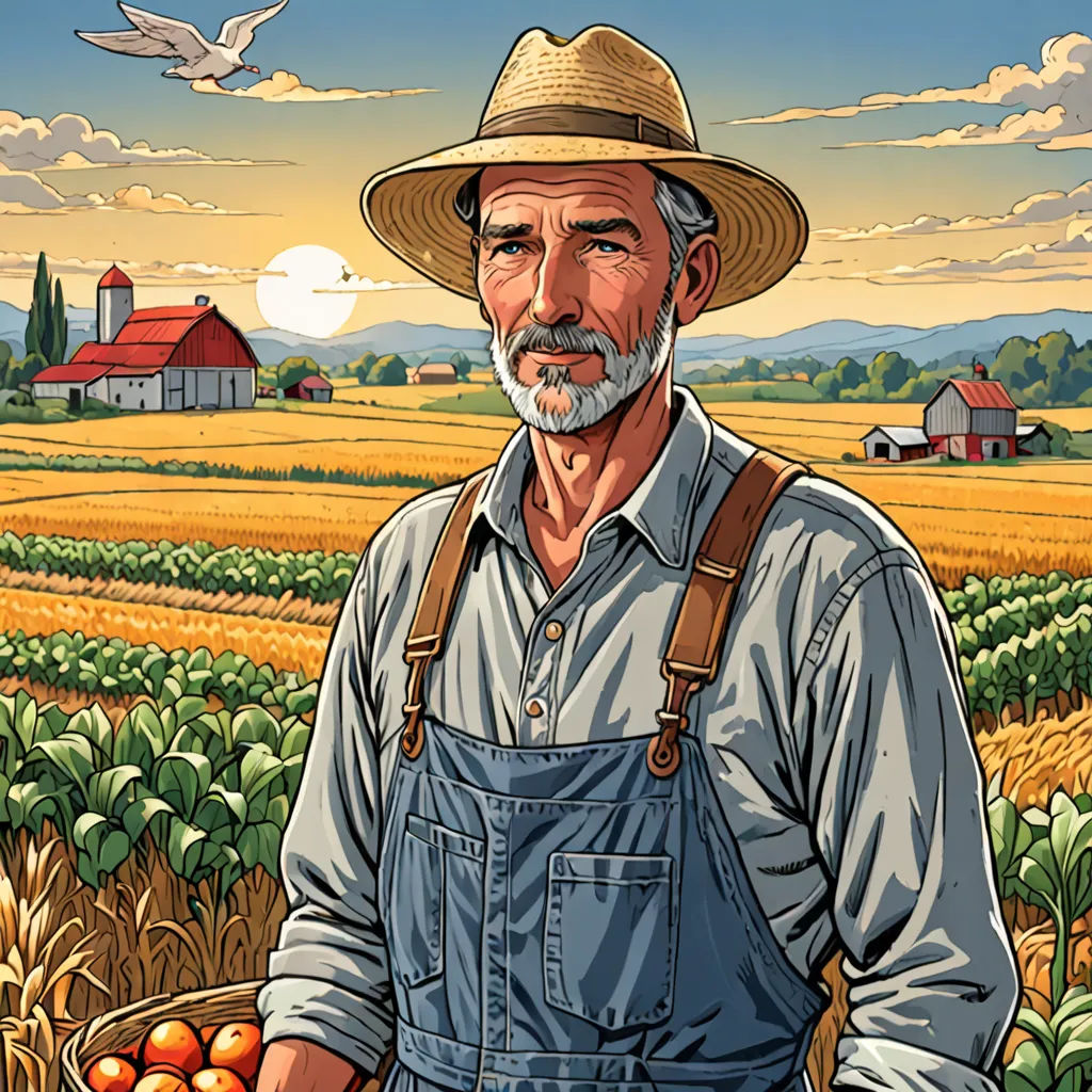 a man in a hat holding a basket of oranges in a field with a bird flying overhead in the background, american realism, a storybook illustration, Balcomb Greene, highly detailed digital art