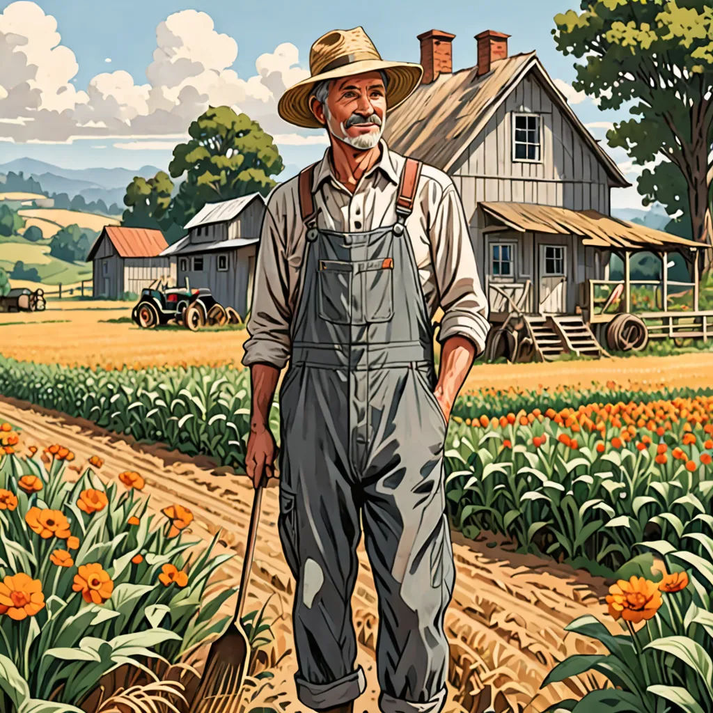 a man standing in a field with a rake in his hand and a farm house in the background with a field of flowers, american realism, a storybook illustration, Bob Byerley, highly detailed digital painting