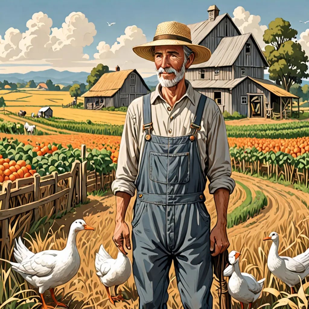 a painting of a farmer standing in a field with ducks and a farm house in the background with a blue sky, american scene painting, a storybook illustration, Charles Ginner, highly detailed digital painting