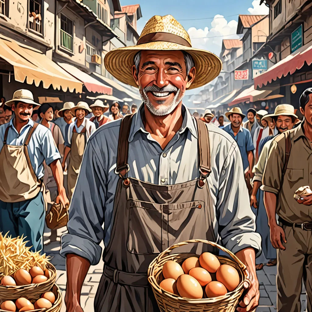 a man holding a basket of eggs in a crowded street with other men in the background and a painting of him, fantastic realism, a storybook illustration, Bourgeois, behance hd