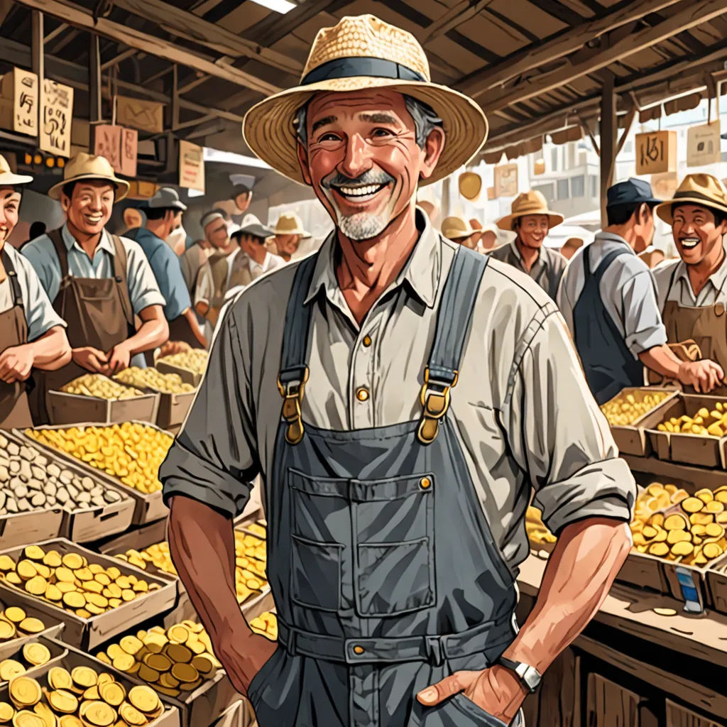 a man standing in front of a bunch of yellow cupcakes in a store filled with people wearing hats, fantastic realism, a storybook illustration, Bob Byerley, highly detailed digital painting