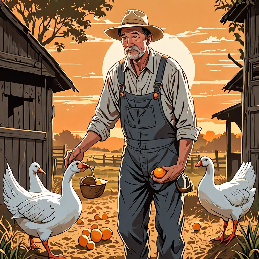 a man standing in a field with two geese and a basket of oranges in front of him and a barn, american scene painting, a storybook illustration, Dan Mumford, orange