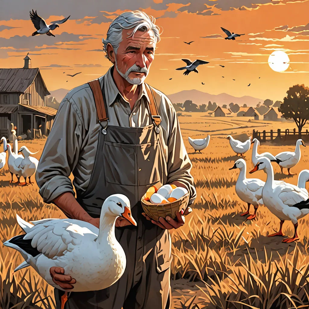 a man holding a basket of eggs in a field with ducks in the background and a sunset in the background, american realism, an ultrafine detailed painting, David Palumbo, highly detailed digital painting