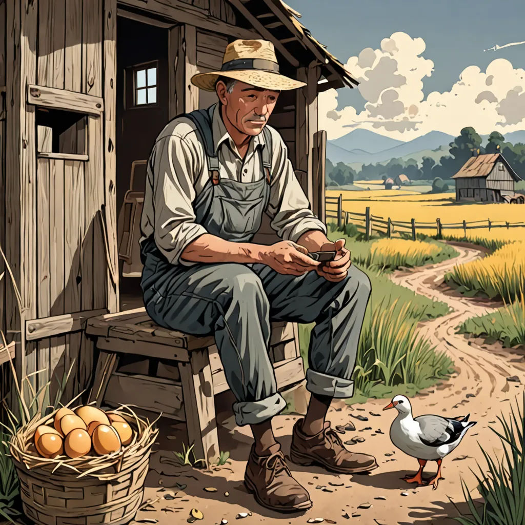 a man sitting on a bench next to a bird and a basket of eggs on a farm path with a barn in the background, american scene painting, an ultrafine detailed painting, Dan Mumford, highly detailed digital painting