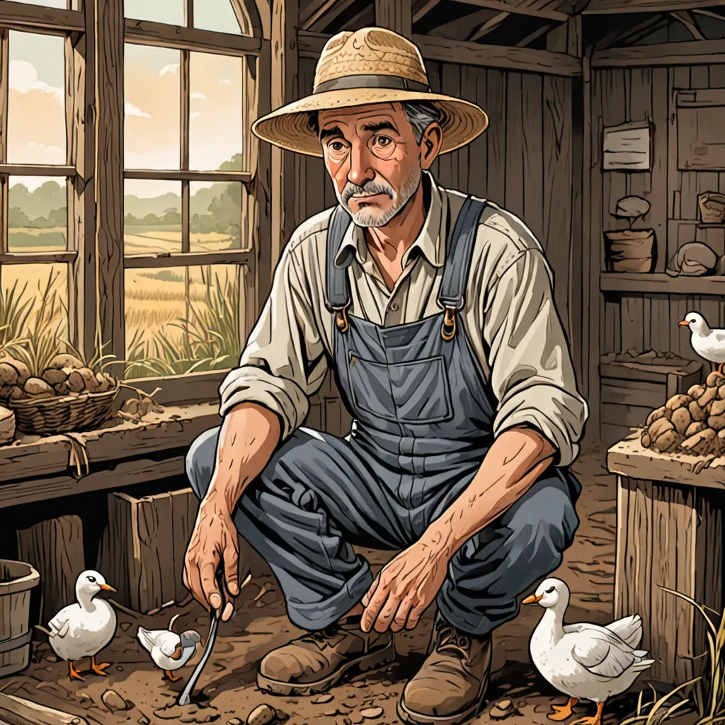 a man kneeling down in a room with ducks and ducks around him and a window with a view of a farm, american realism, a storybook illustration, F Scott Hess, highly detailed digital painting