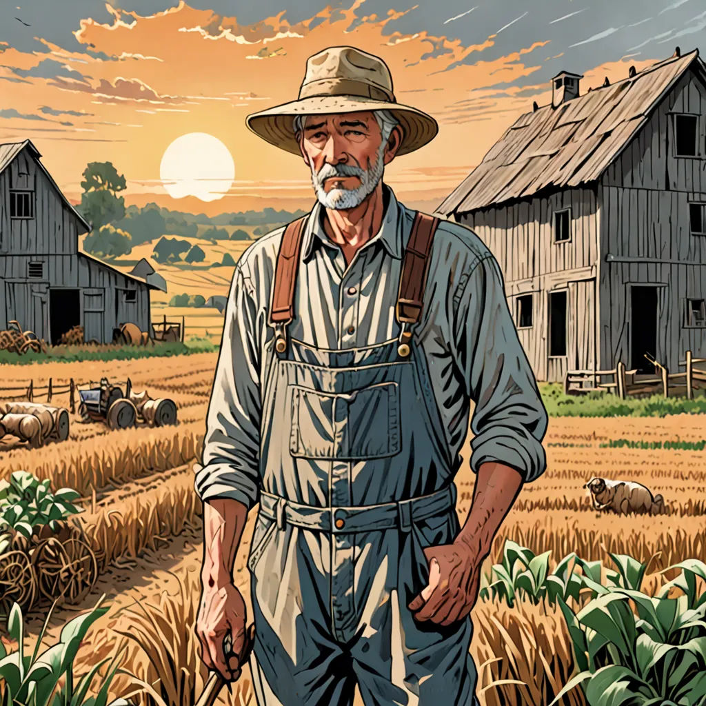 a man standing in a field with a hat on and a cane in his hand, in front of a farm, american realism, a comic book panel, David Palumbo, western comic book art