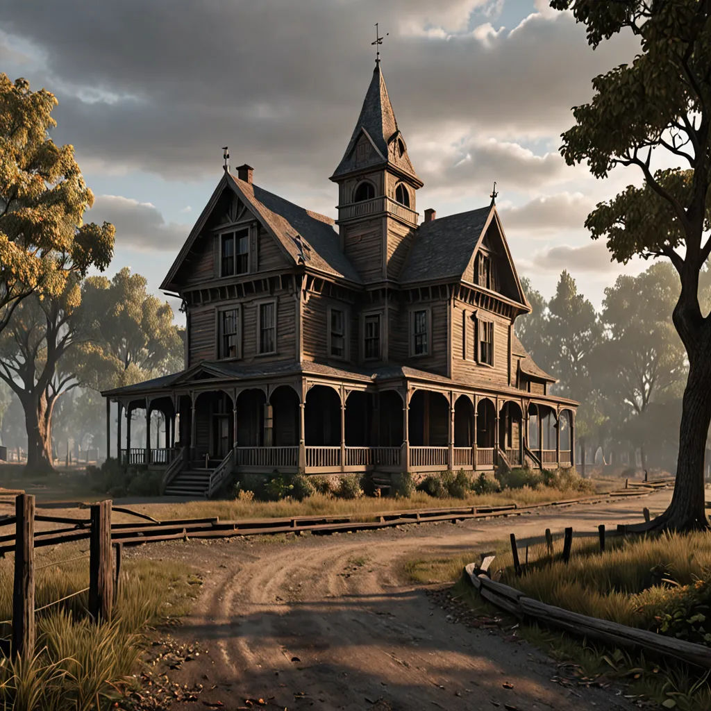 a large house with a tower and a clock on the top of it's roof and a dirt road in front of it, american scene painting, concept art, Evgeny Lushpin, realistic shaded lighting