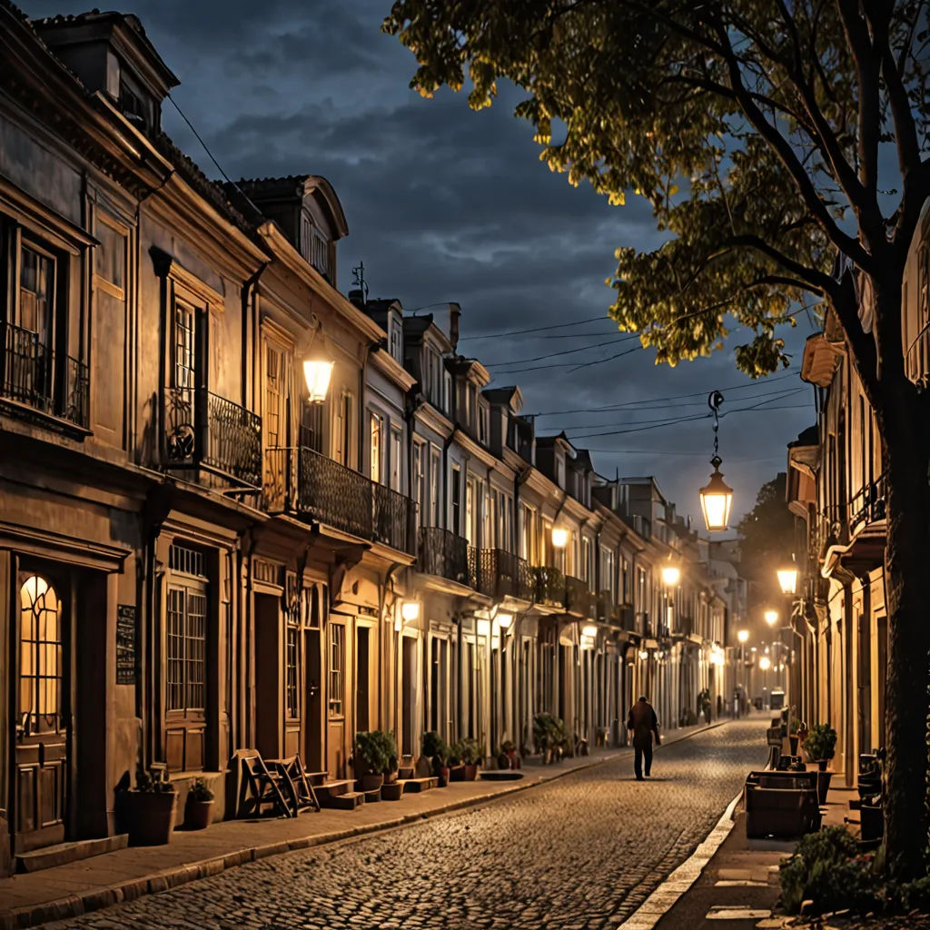 a cobblestone street with a person walking down it at night time with a lamp post in the distance, art photography, a storybook illustration, Evgeny Lushpin, atmospheric lighting