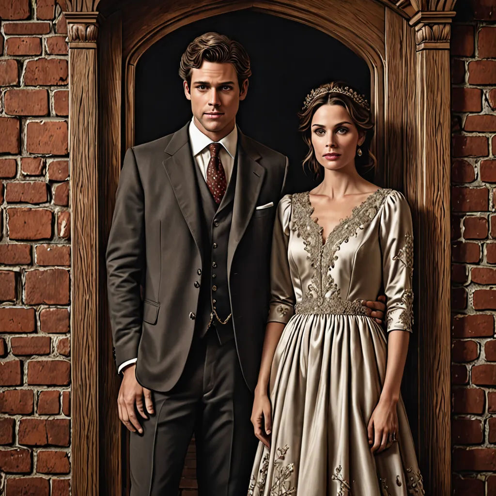 a man and a woman in formal wear standing in front of a doorway with a brick wall behind them, international gothic, a poster, Christian Hilfgott Brand, promotional image