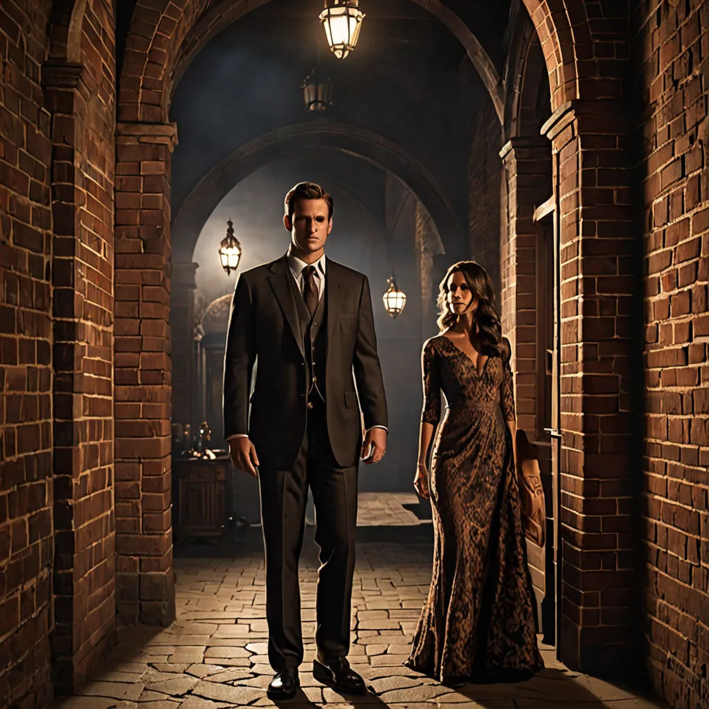 a man and a woman standing in a hallway together in formal wear and evening wear, with a brick archway leading to the entrance, international gothic, a poster, Dan Scott, promotional image