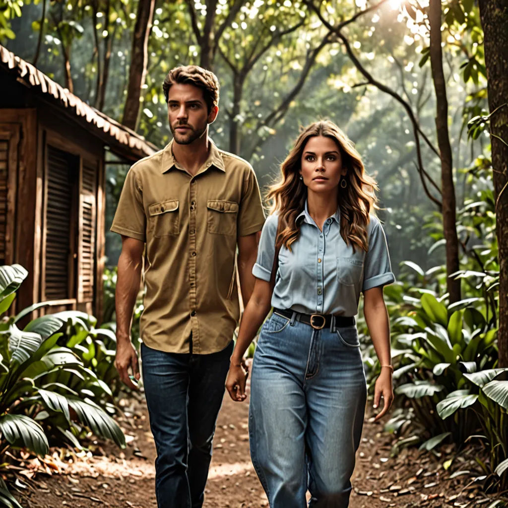 a man and a woman walking in the woods together holding hands and looking at the camera with a smile on their faces, private press, a poster, Christian Hilfgott Brand, promotional image