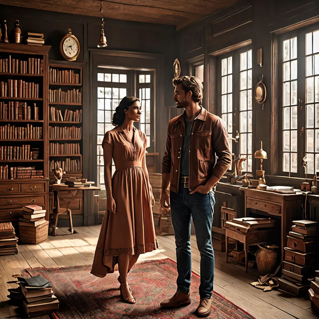 a man and a woman standing in a room with a rug and a clock on the wall and a large window, arts and crafts movement, a storybook illustration, Christian Hilfgott Brand, promotional image