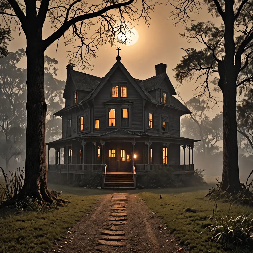 a creepy house with a full moon in the background and a path leading to it through the woods to the front door, gothic art, a detailed matte painting, Dirk Crabeth, promotional image