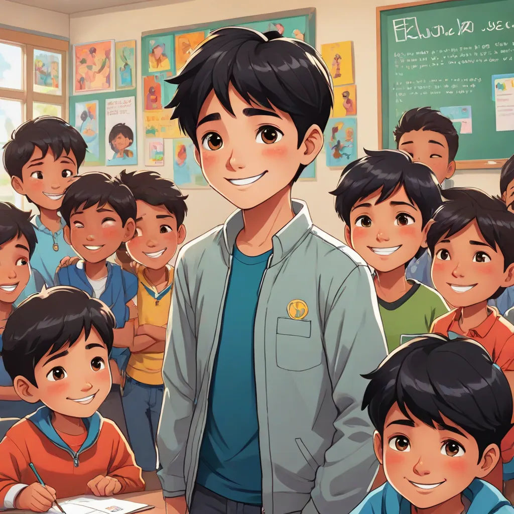 a boy standing in front of a group of children in a classroom with a teacher in the background smiling, lyco art, a storybook illustration, Adam Manyoki, official art