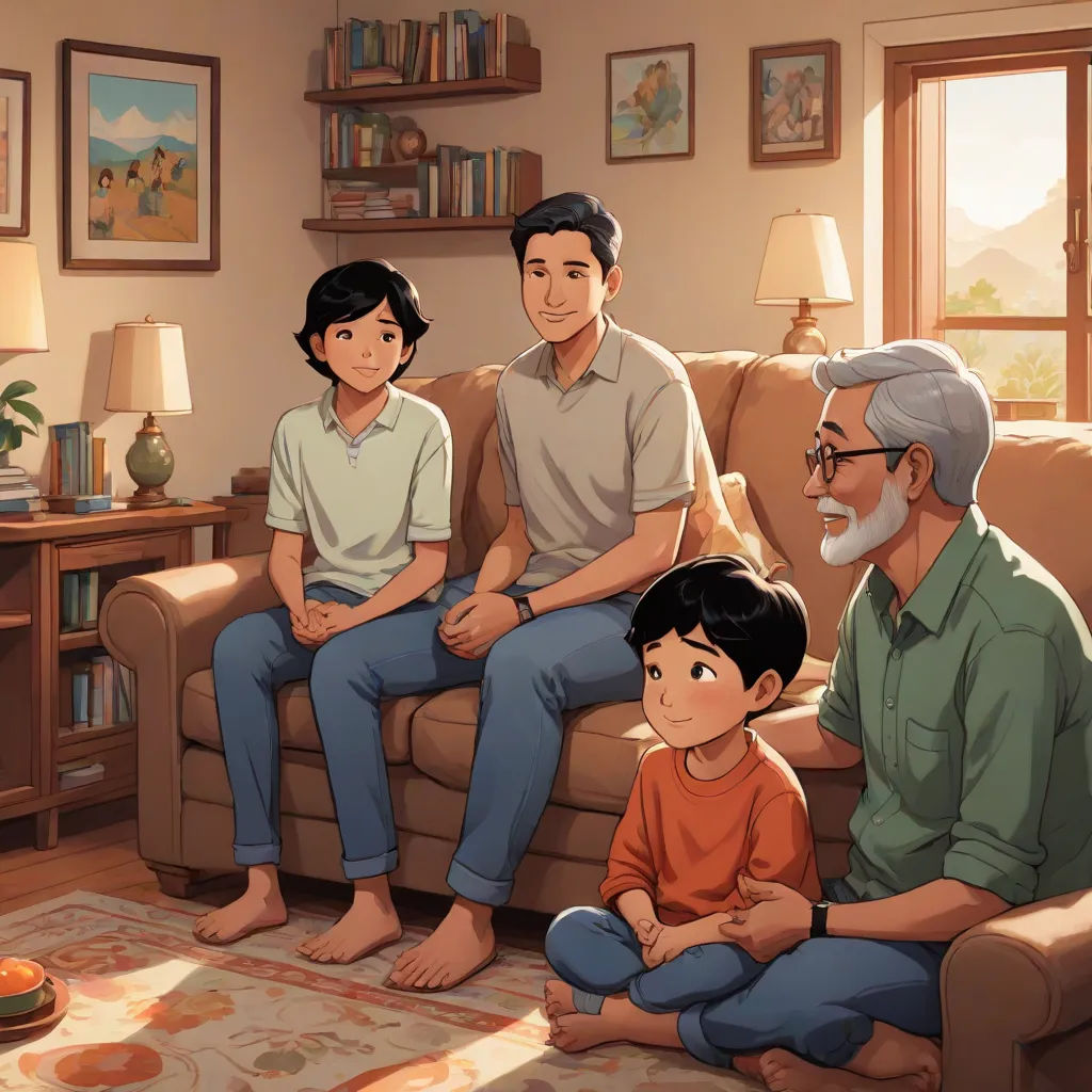 a family sitting on a couch in a living room with a dog and a cat on the floor next to them, sots art, a storybook illustration, Adam Manyoki, official art