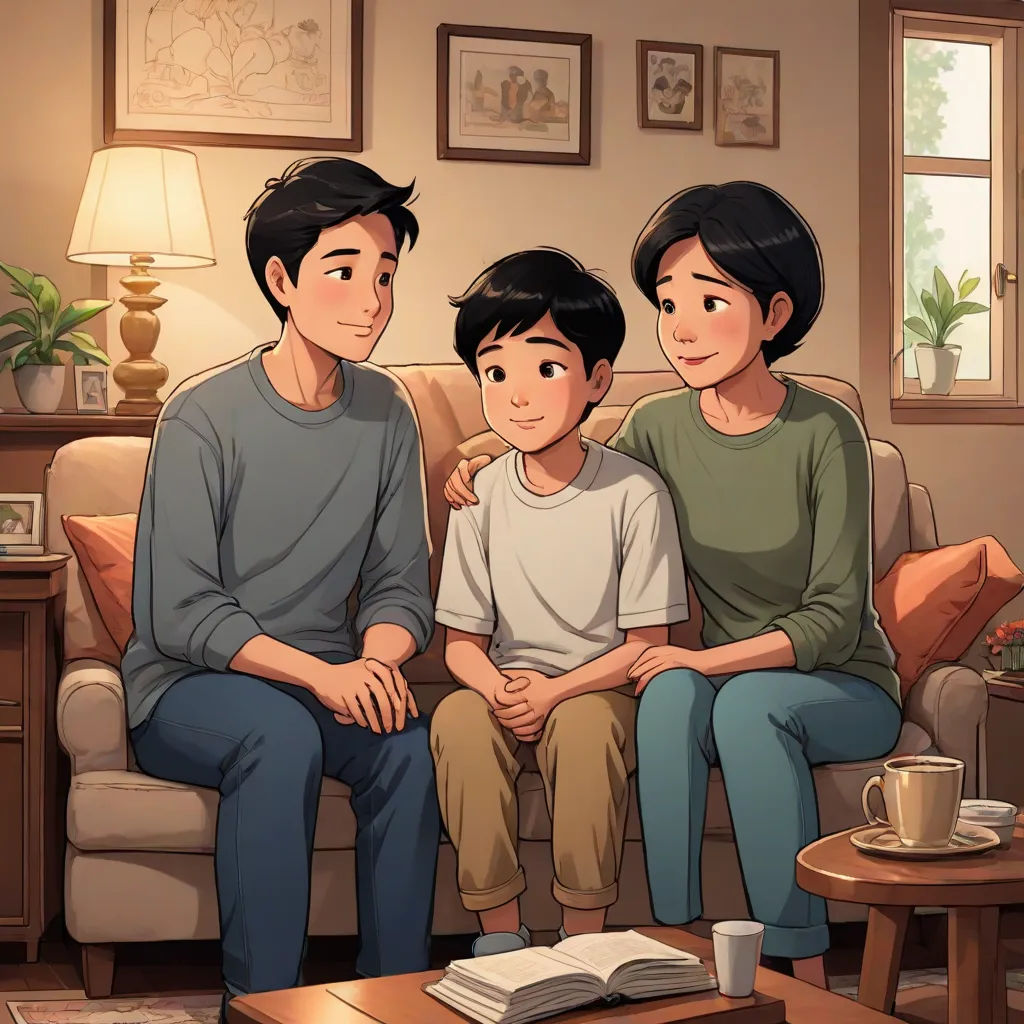 a family sitting on a couch in a living room with a coffee table and a lamp on the side, american scene painting, a storybook illustration, Adam Manyoki, official art