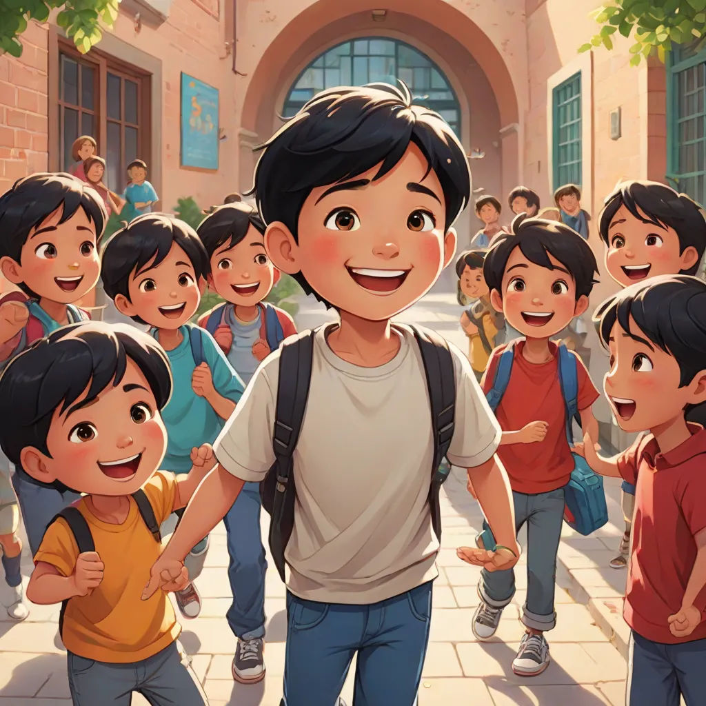 a boy is standing in front of a group of children in a courtyard with a backpack on his shoulder, paris school, a storybook illustration, Amir Zand, rossdraws global illumination
