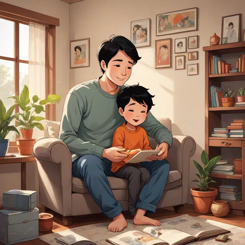 a man sitting on a couch with a child reading a book in front of him and a plant in the corner, dada, a storybook illustration, David Park, storybook illustration