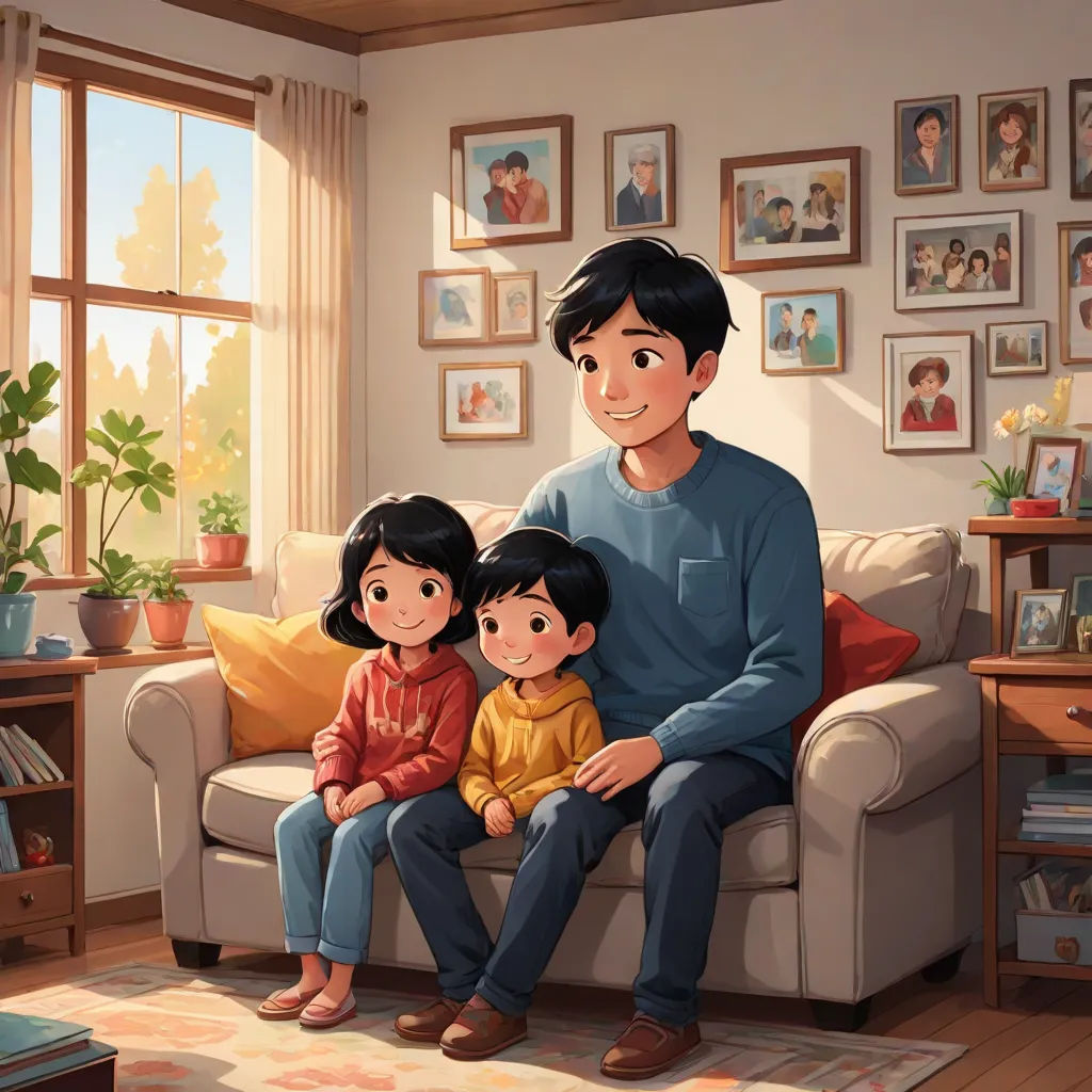 a man and two children sitting on a couch in a living room with pictures on the wall behind them, american scene painting, a storybook illustration, Chris LaBrooy, official art