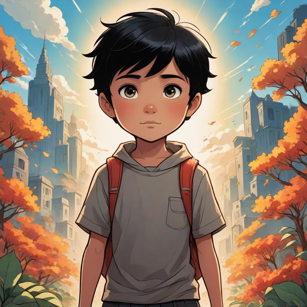 a boy with a backpack standing in front of a cityscape with trees and buildings in the background, sots art, a character portrait, Artgerm, rossdraws global illumination