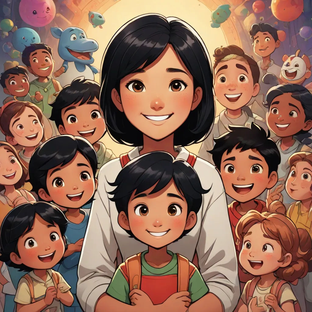 a woman standing in front of a crowd of children with balloons in the background and a smiling woman in the foreground, lyco art, a storybook illustration, Abidin Dino, comic cover art