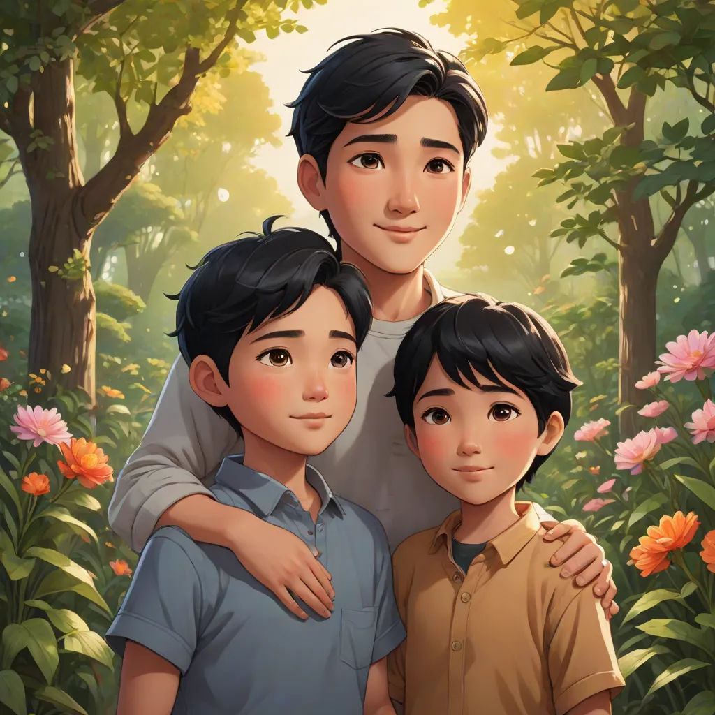 a painting of two boys and a boy in a forest with flowers and trees in the background, with a sunbeam, sots art, a storybook illustration, Fernando Amorsolo, official art