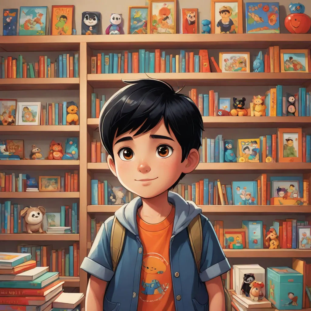 a boy standing in front of a bookshelf with a teddy bear on it's back and a teddy bear on the wall, photorealism, a storybook illustration, Chris LaBrooy, storybook illustration