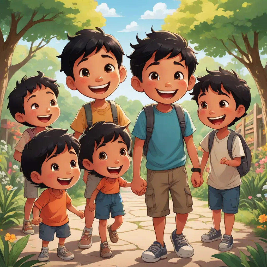 a group of children standing next to each other on a path in a forest with trees and flowers on the side, lyco art, a storybook illustration, Du Jin, official art