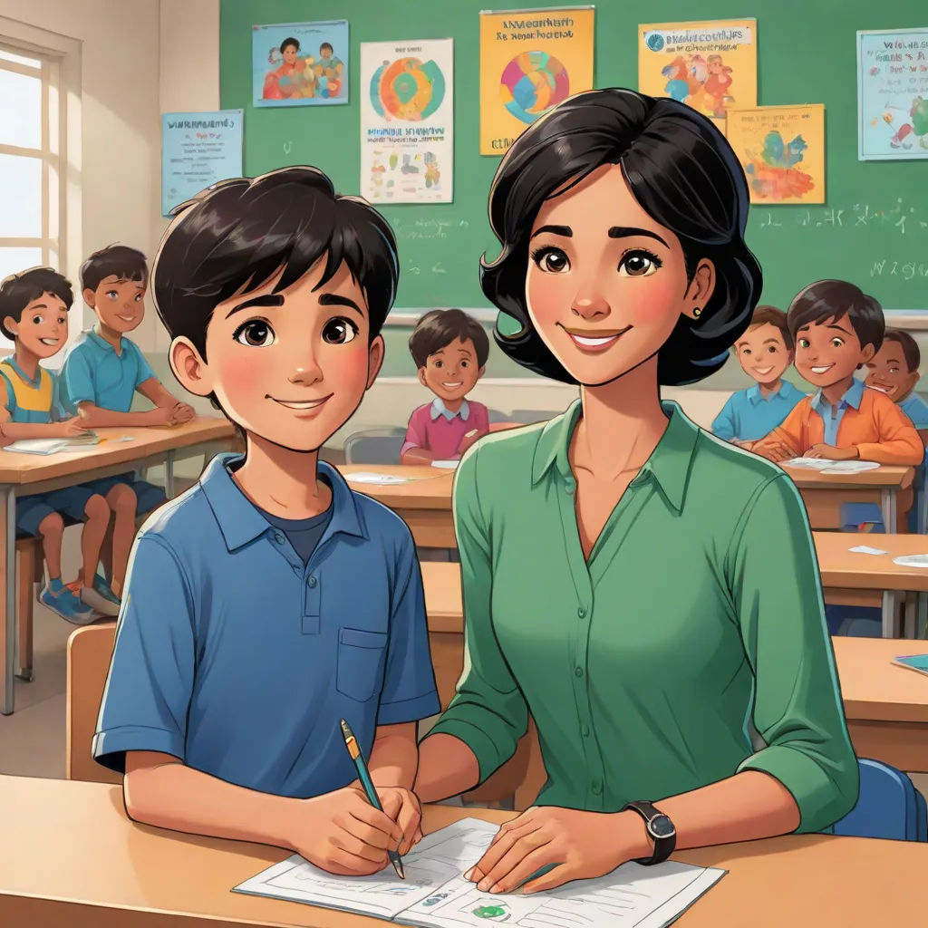 a woman and a boy sitting at a desk in a classroom with a teacher in front of them and a book, vancouver school, a storybook illustration, Fernando Amorsolo, promotional image