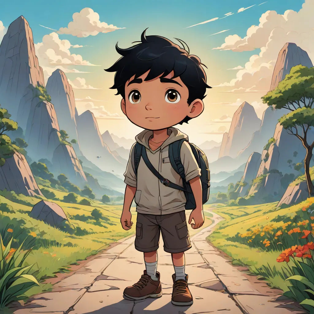 a boy with a backpack standing on a path in a cartoon style with mountains in the background and a sky with clouds, serial art, a character portrait, Diego Gisbert Llorens, official art