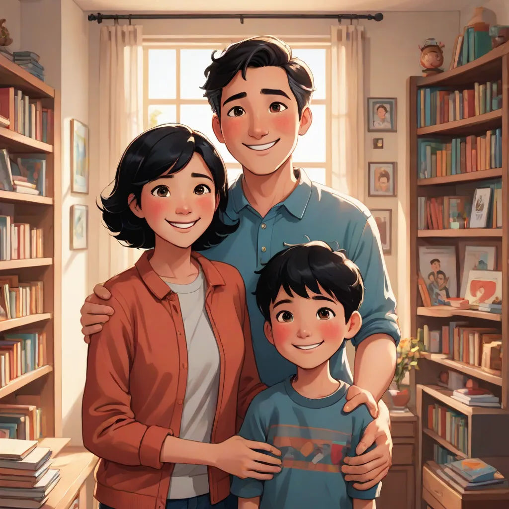 a man and woman standing next to a boy in a library with bookshelves behind them and a window, sots art, a storybook illustration, David Park, official art