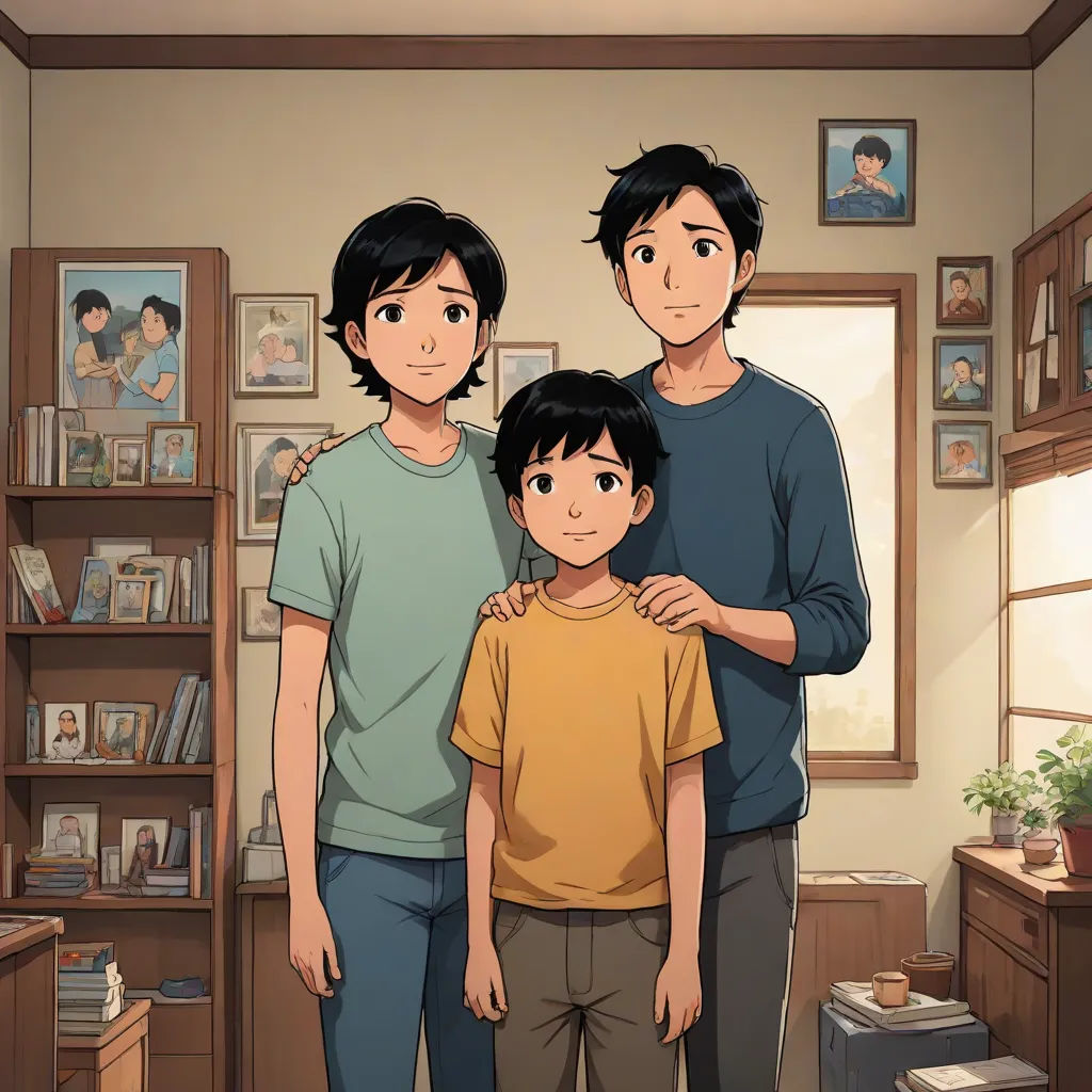 a family standing in a room with a window in the background and a picture of a man and a woman on the wall, lyco art, a poster, Adam Manyoki, official art