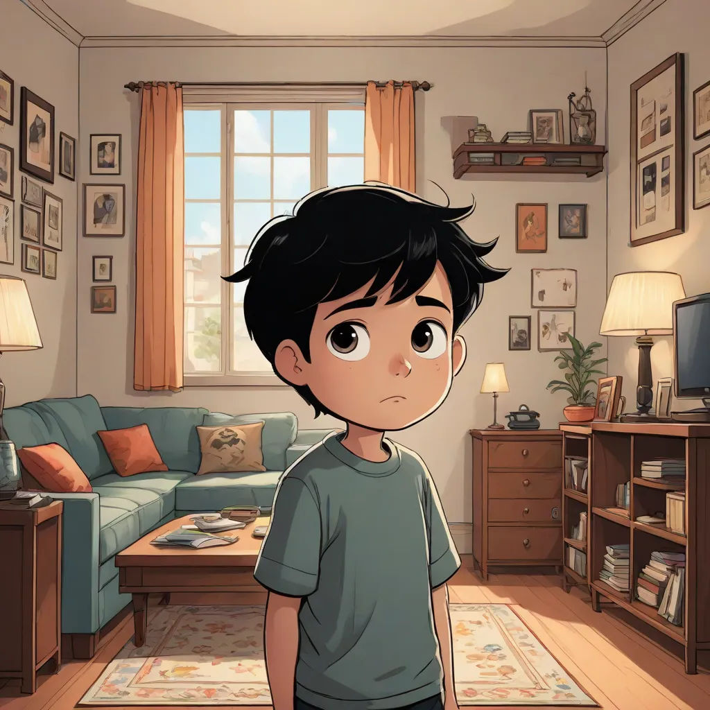 a boy standing in a living room with a tv in the background and a couch in the foreground, sots art, a comic book panel, Diego Gisbert Llorens, official art