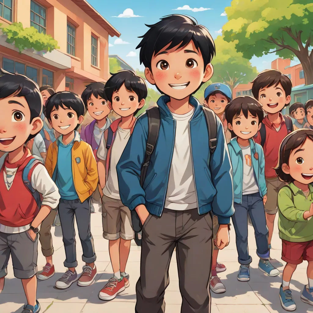 a boy standing in front of a group of children on a street with a backpack on his shoulder and a backpack on his shoulder, vancouver school, a storybook illustration, Adam Manyoki, official art