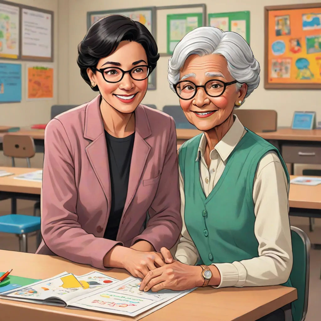 a cartoon of two women sitting at a desk with a magazine in front of them and a book in front of them, american scene painting, computer graphics, Ada Gladys Killins, promotional image