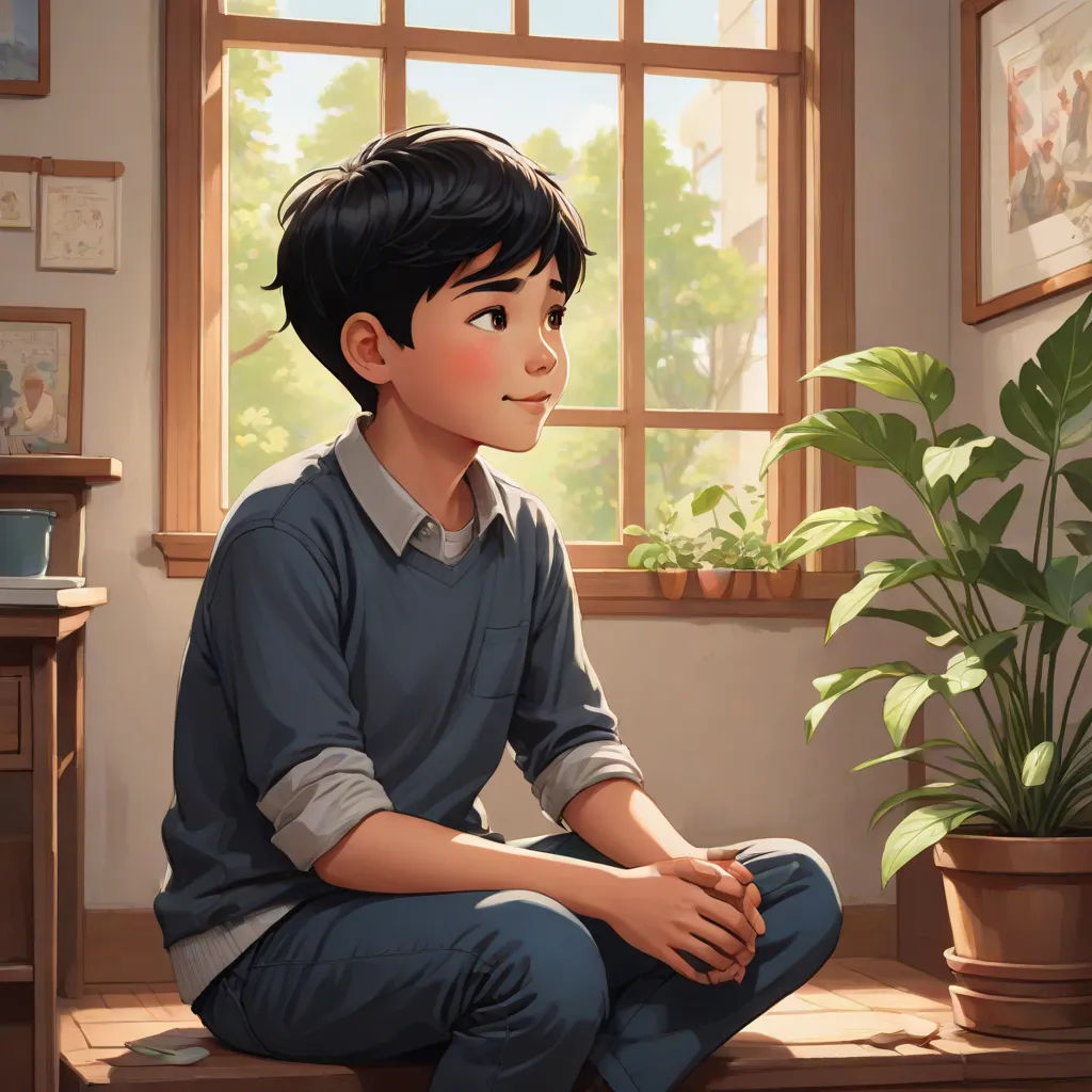 a boy sitting on a window sill in front of a potted plant and a window with a green plant, american scene painting, a storybook illustration, Aaron Jasinski, official art